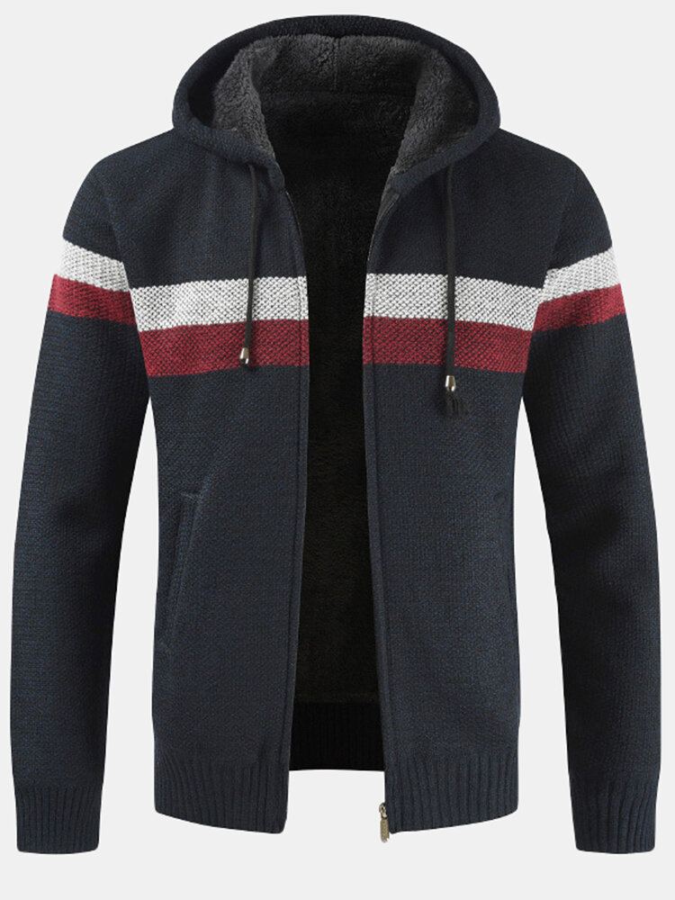 Heren Patchwork Rits Voor Rib-gebreide Pluche Gevoerde Capuchon Vesten Met Zak