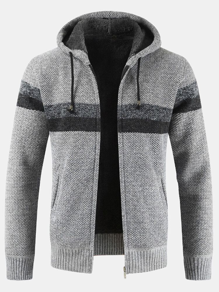 Heren Patchwork Rits Voor Rib-gebreide Pluche Gevoerde Capuchon Vesten Met Zak