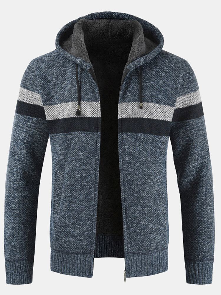 Heren Patchwork Rits Voor Rib-gebreide Pluche Gevoerde Capuchon Vesten Met Zak
