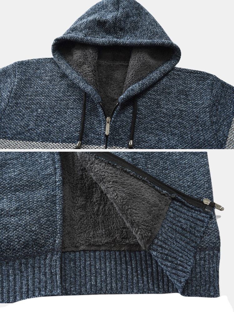 Heren Patchwork Rits Voor Rib-gebreide Pluche Gevoerde Capuchon Vesten Met Zak
