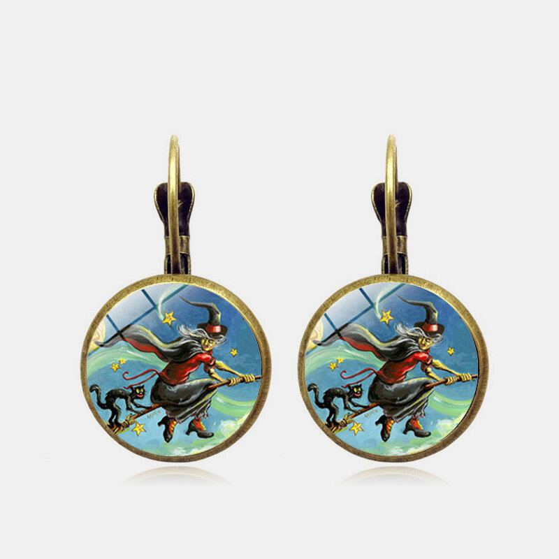 Vintage Halloween Heks Oorbel Brons Ronde Glazen Oordruppel Vrouwen Sieraden Geschenken