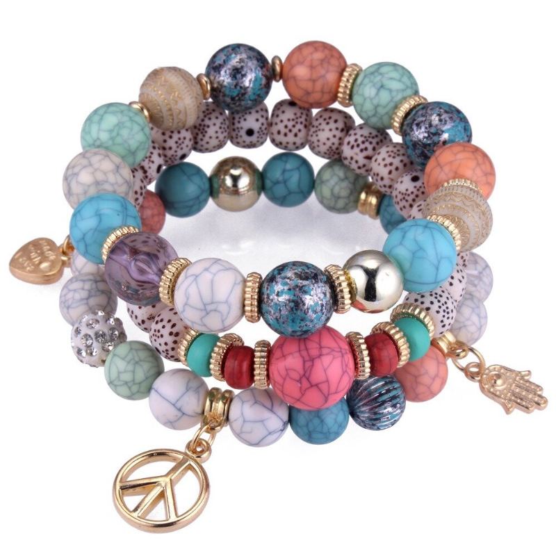 Etnische Multi-layer Kralen Armband Kleurrijke Natuursteen Legering Hanger Armband Voor Vrouwen
