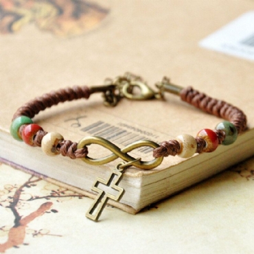 Vintage Etnische Keramische Kralen Armband Verstelbare Creatieve Cross Type Handgeweven Hanger Armband