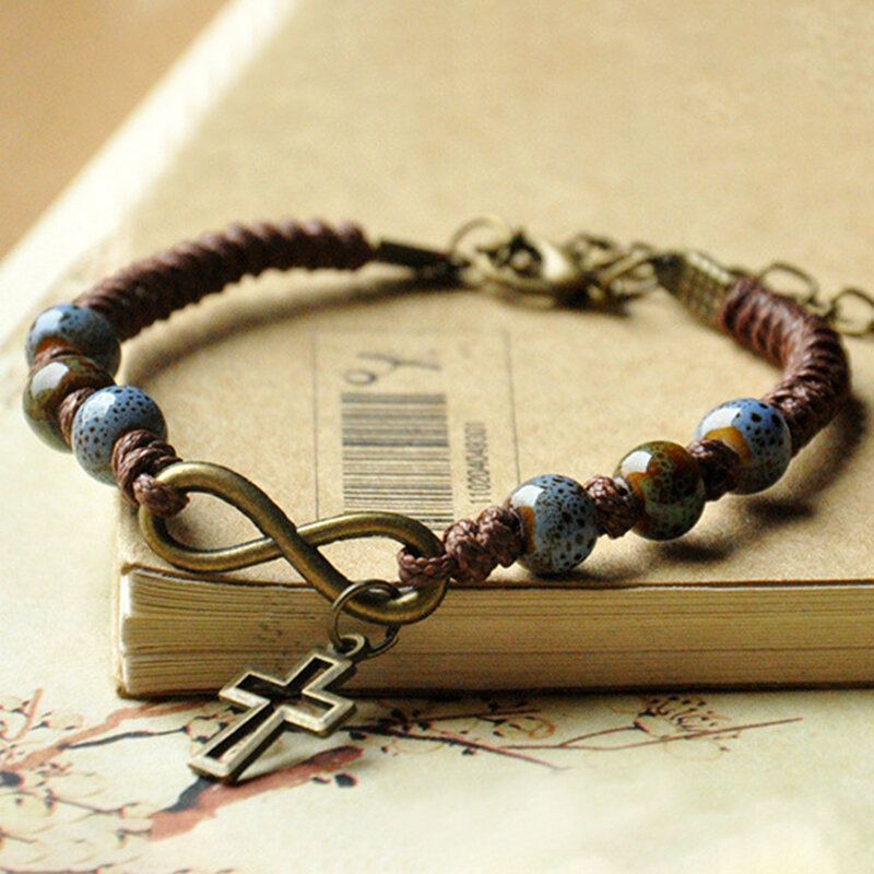 Vintage Etnische Keramische Kralen Armband Verstelbare Creatieve Cross Type Handgeweven Hanger Armband