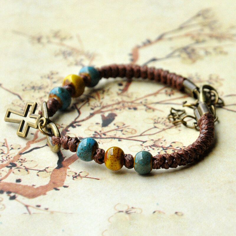 Vintage Etnische Keramische Kralen Armband Verstelbare Creatieve Cross Type Handgeweven Hanger Armband