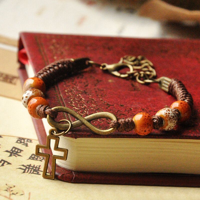 Vintage Etnische Keramische Kralen Armband Verstelbare Creatieve Cross Type Handgeweven Hanger Armband