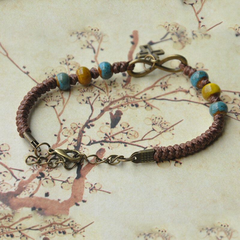 Vintage Etnische Keramische Kralen Armband Verstelbare Creatieve Cross Type Handgeweven Hanger Armband