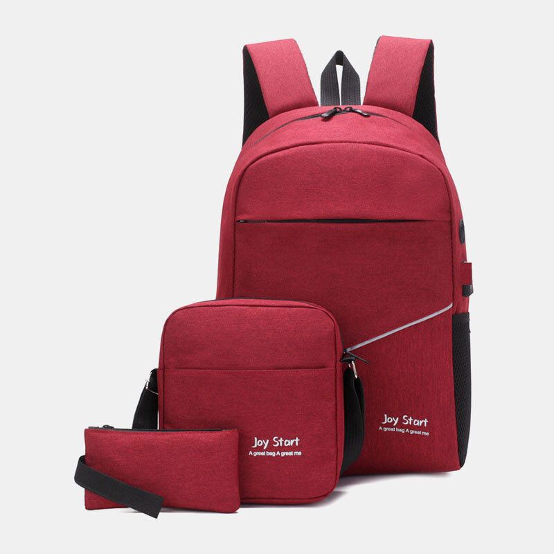 Mannen 3 Stks Nylon Usb Opladen Slijtvastheid Mode Toevallige Laptoptas Rugzak Crossbody Tas Clutch Tas