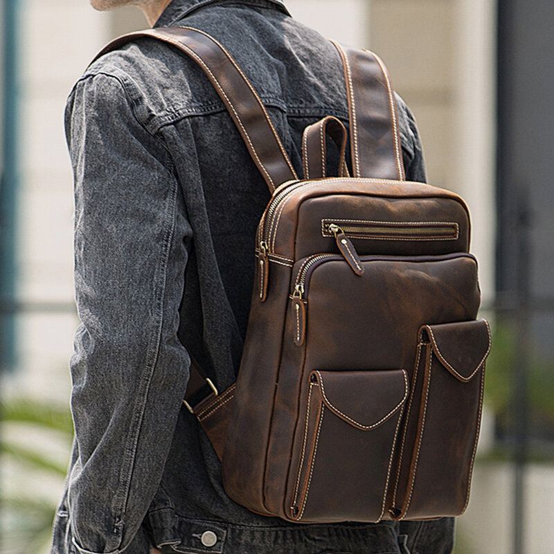 Mannen Echt Leer Grote Capaciteit Retro Casual Mode 14 Inch Laptoptas Reistas Zakelijke Rugzak
