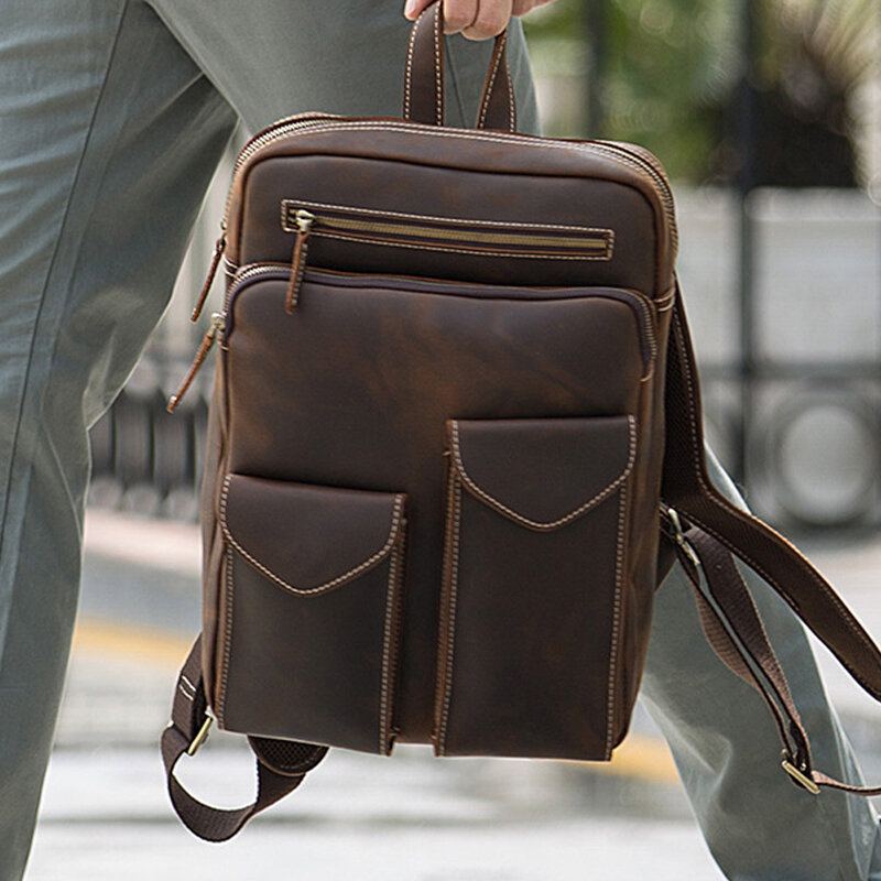 Mannen Echt Leer Grote Capaciteit Retro Casual Mode 14 Inch Laptoptas Reistas Zakelijke Rugzak