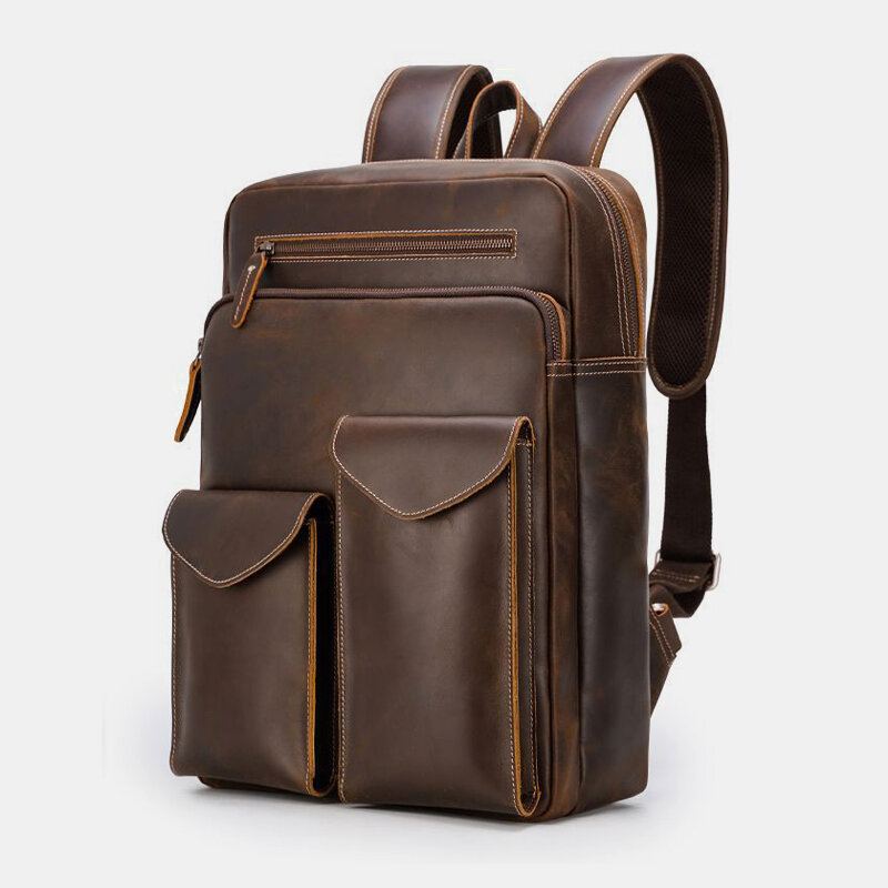 Mannen Echt Leer Grote Capaciteit Retro Casual Mode 14 Inch Laptoptas Reistas Zakelijke Rugzak
