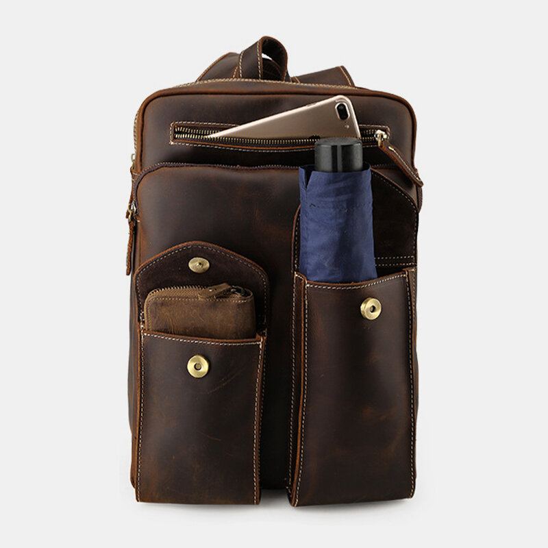 Mannen Echt Leer Grote Capaciteit Retro Casual Mode 14 Inch Laptoptas Reistas Zakelijke Rugzak