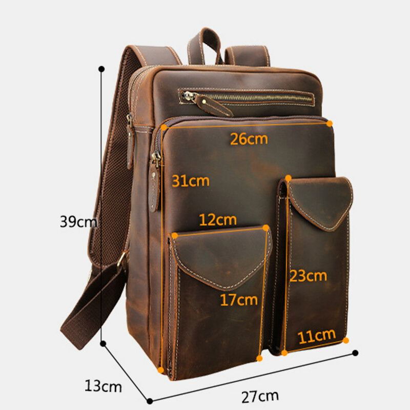 Mannen Echt Leer Grote Capaciteit Retro Casual Mode 14 Inch Laptoptas Reistas Zakelijke Rugzak